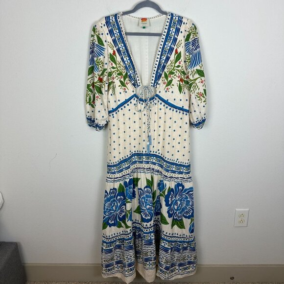 Farm Rio Off White Macaw Flight Maxi Dress L Boho Linen Blend Tiered Summer - Picture 2 of 14